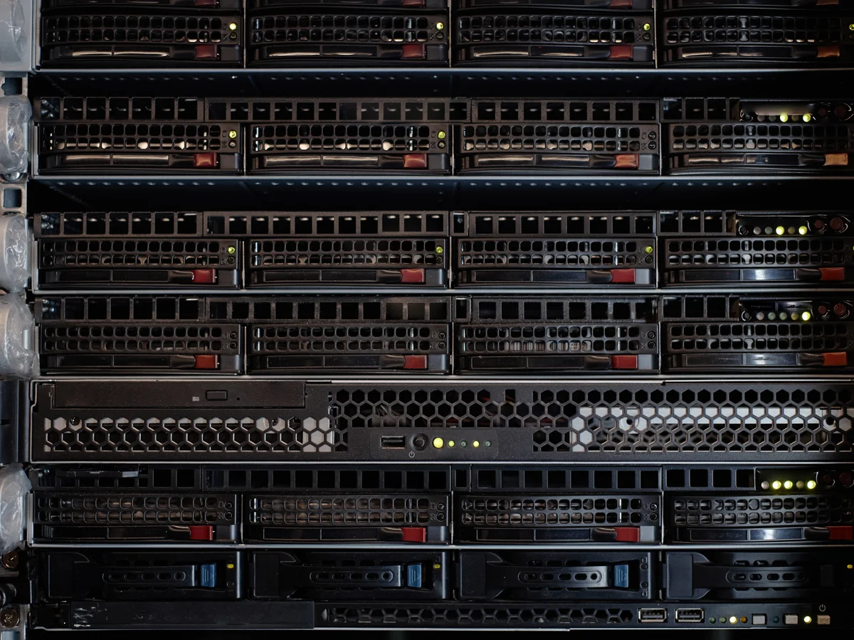 Rack-mounted servers with drive bays and status lights
